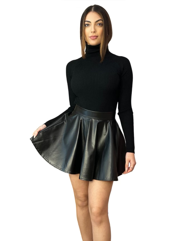 Black Faux Leather Skater Mini Skirt